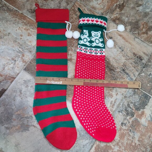 Knitted Christmas Stockings Teddy Bears Hearts Striped Pattern Set of 2 Large S - Picture 5 of 9